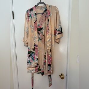 Floral Bird Print Satin Silky Kimono Robe Cover Up